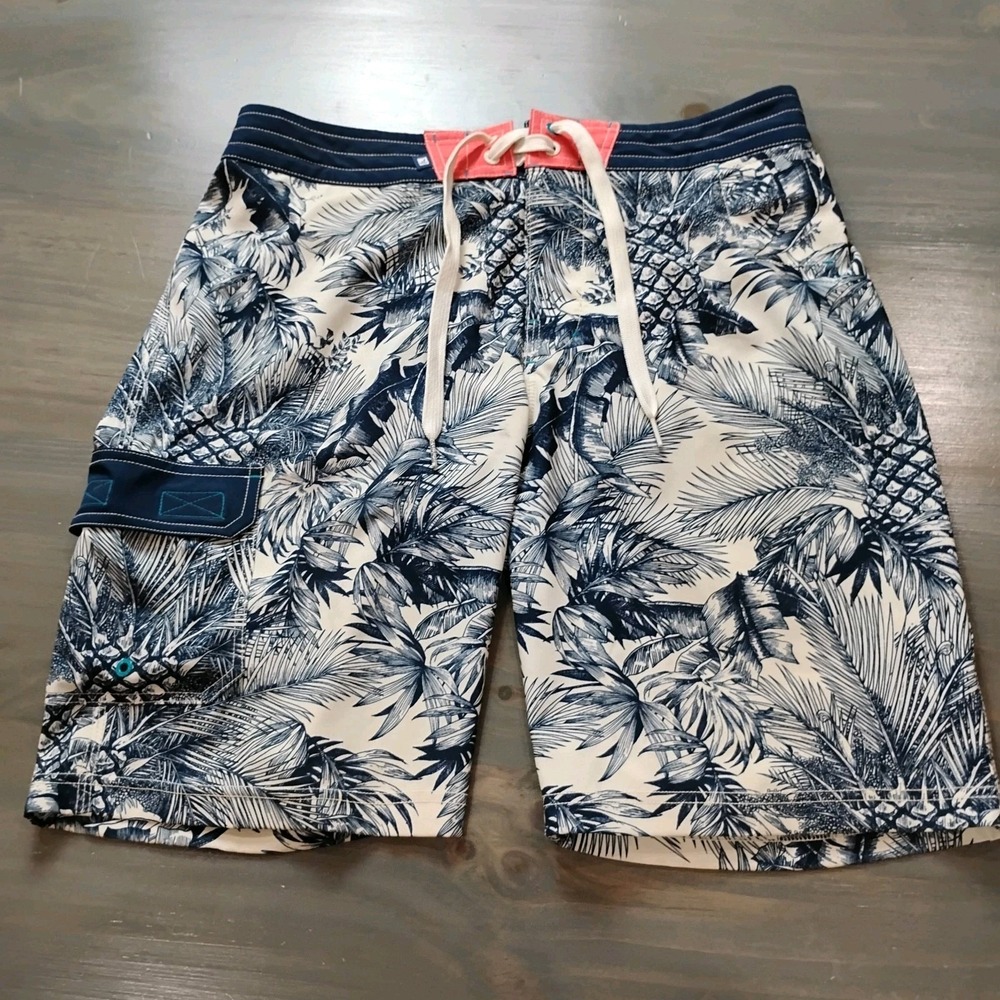 Sperry Palm Trees Board Shorts Mens 34 White/Blue Swim Trunk Summer Resortwear